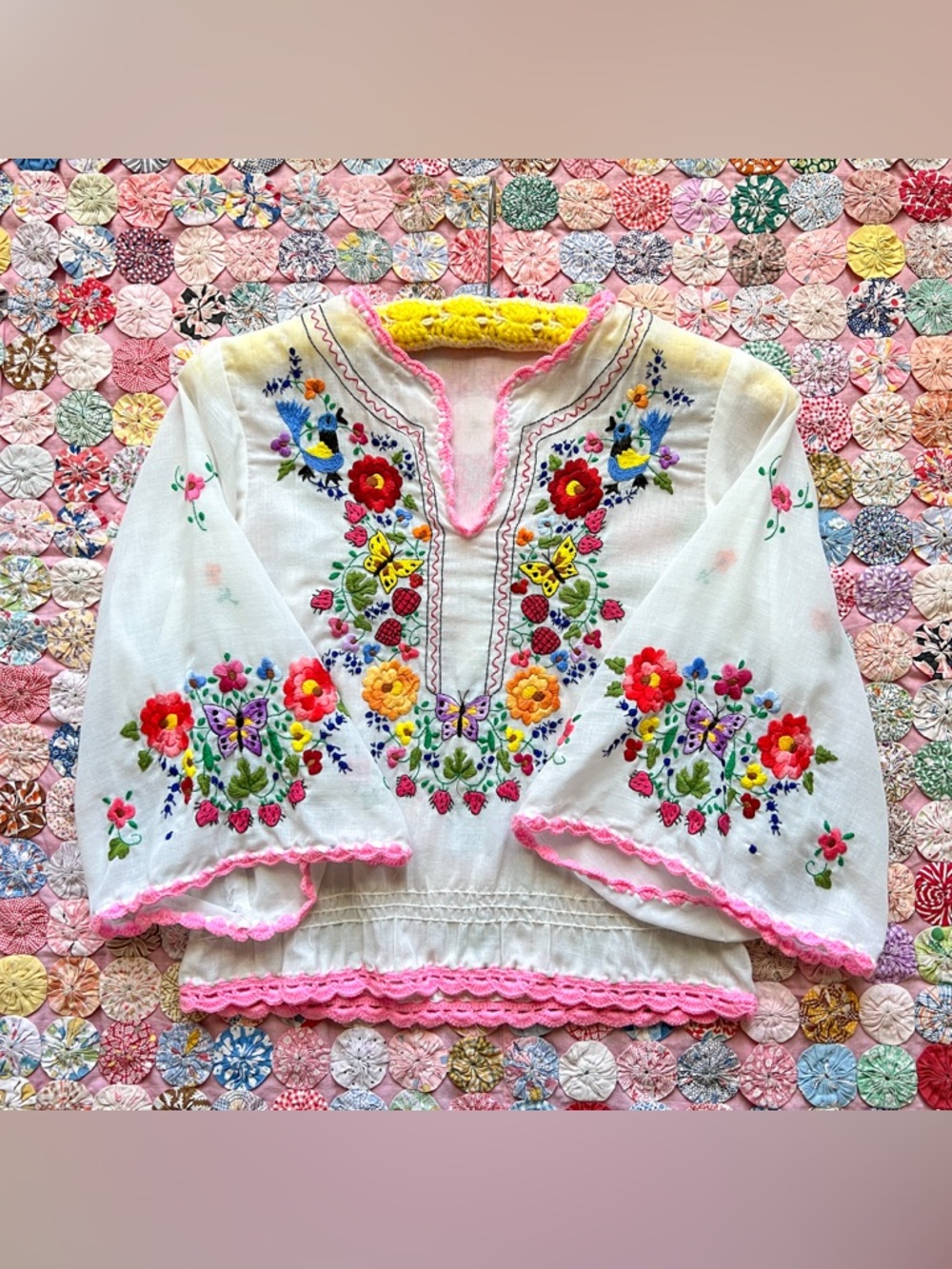 Vintage 1970s Boho Peasant Blouse with Colorful Floral & Butterfly Embroidery